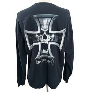 Hellanbach Iron Cross Skull Long Sleeve Motorcycle Biker Graphic Tee Men's XL